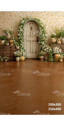 Tło fotograficzne „Rustykalne drzwi wśród rumianków i donic” | E862